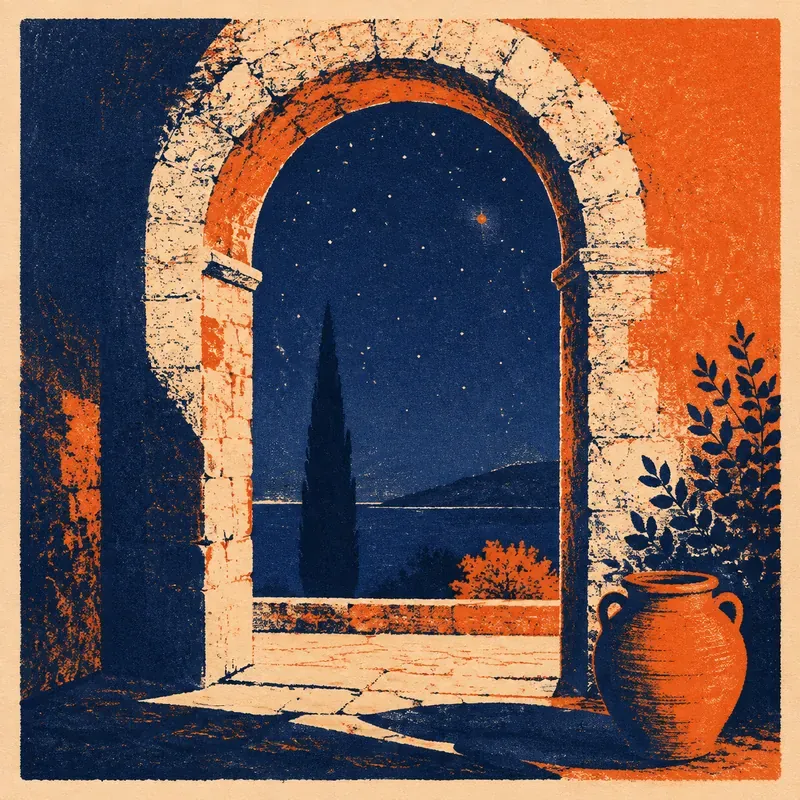 Illustrazione: arcata di pietra aperta su un cielo stellato con un cipresso